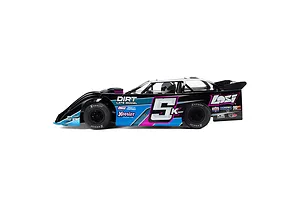 Side view of a Losi 22S Dirt Late Model RC car in black with blue and pink racing decals, featuring the number 5K on the side.