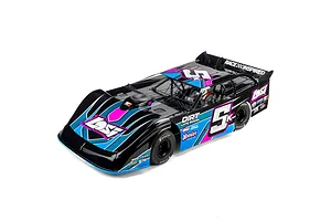 A high-angle studio shot of a Losi 22S Dirt Late Model RC car in black, blue, and pink livery with the number 5k on the side and roof.