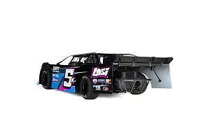 Rear three-quarter view of a Losi 22S Dirt Late Model RC car in black and blue livery with number 5k on the side.