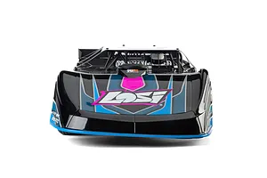 Front view of a Losi 22S Dirt Late Model RC car in blue and black livery with sponsor decals on a white background.