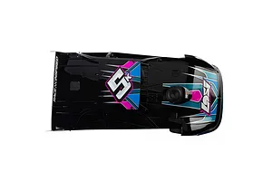 Top-down view of a Losi 22S Dirt Late Model RC car with a black body, blue and pink graphics, and the number 5K on the roof.