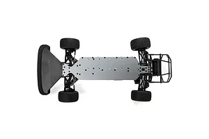 Top-down view of the Losi 22S Dirt Late Model RC car chassis showing the metal base plate, black plastic suspension components, and tires.