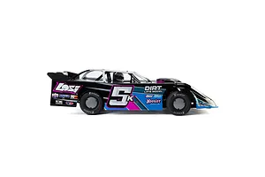 Side profile of a Losi 22S Dirt Late Model RC car in black and blue livery with number 5K on the side.
