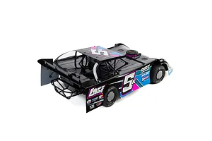 A rear three-quarter view of a black Losi 22S Dirt Late Model RC car with blue and pink racing decals and the number 5K on the side.