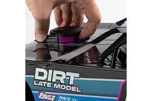 A hand adjusting the roof air cleaner assembly on a black Losi 22S Dirt Late Model RC car.
