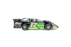 Side view of a Losi 22S Dirt Late Model RC car in black and green livery with number 17 on the side.