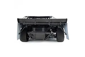 Rear view of the Losi 22S Dirt Late Model RC car showing the rear bumper, spoiler, and suspension components.