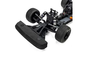 Close-up of the front chassis and foam bumper of a Losi 22S Dirt Late Model RC car on a white background.