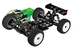 Team Associated RC8T4.2e 1/8 scale electric RC truggy kit shown with its green and black painted body shell removed.