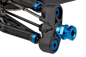 Close-up of the front steering knuckle and suspension assembly of a Team Associated RC8T4.2e RC truggy, featuring black plastic arms and blue anodized parts.