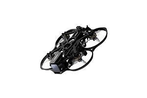 CaddxFPV Gofilm 20 FPV drone viewed from a high angle, featuring a black frame, propeller guards, and a front-mounted camera.