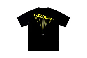 Back view of a black CaddxFPV t-shirt featuring a yellow stylized logo with vertical streaks and the text SEE THE UNSEEN.