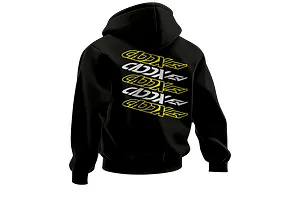 A black hoodie viewed from the back, featuring a repeating CaddxFPV logo pattern in yellow and white on the back panel.