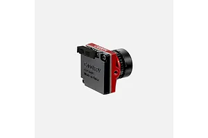 CaddxFPV Ratel 2 analog FPV camera in red, shown from a side-rear angle against a plain light grey background.