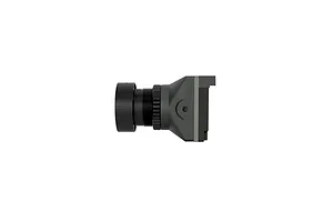 Side profile view of the CaddxFPV Ratel Pro analog FPV camera showing the lens housing and mounting bracket.
