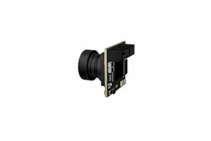 CaddxFPV Ant Lite analog FPV camera viewed from the side, showing the lens, circuit board, and connector ports.