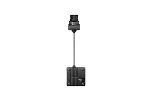 CaddxFPV Infra Red V2 analog FPV camera connected to a square AI processing box by a thin black ribbon cable against a white background.