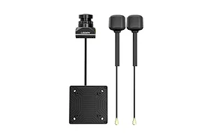 CaddxFPV Walksnail Avatar HD Moonlight FPV camera module connected to a square flight controller, accompanied by two black antennas.