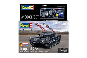 Revell 1/35 scale Leopard 2A4 40th Anniversary model tank kit box featuring a black tank with international flags and included paint, glue, and brush.