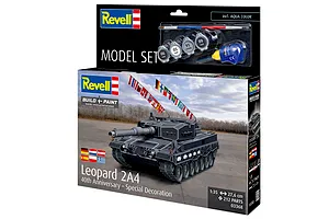 Revell 1/35 scale Leopard 2A4 40th Anniversary model kit box featuring a tank with international flags and included paint and glue.