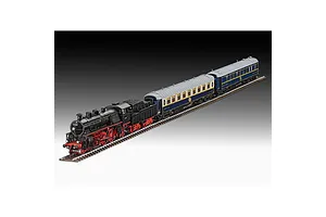 A 1/87 scale model of the Orient Express steam locomotive and two passenger carriages on a model railway track against a gradient background.