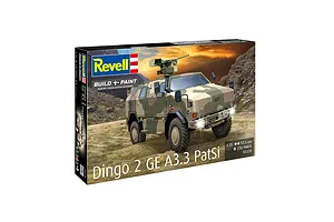 Revell 1/35 scale Dingo 2 GE A3.3 PatSi plastic model kit box featuring an illustration of the armored vehicle in a desert landscape.