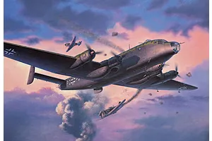 Box art illustration of a Junkers Ju 290 military aircraft in flight, engaged in an aerial battle against smaller fighter planes amidst a sunset sky.