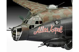 Close-up of a painted plastic model of a Junkers Ju 290 aircraft with Alles Kaputt text on the side.