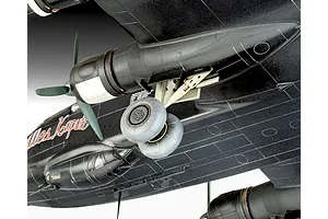 Close-up of the underside of a black Junkers Ju 290 model aircraft showing the landing gear, engine nacelle, and propeller.