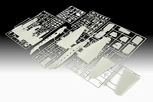 Multiple grey plastic model kit sprues for a Junkers Ju290 aircraft, laid out on a gradient background.
