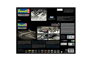 The back of a Revell Junkers Ju290A-5/7 model kit box, showing product information, assembly level, and historical context in multiple languages.