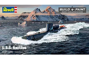 Box art for a Revell 1/305 scale U.S.S. Nautilus submarine model kit, showing the submarine sailing through icy waters with snowy mountains in the background.