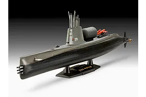 A completed Revell 1/305 scale plastic model kit of the USS Nautilus submarine, displayed on a black stand against a gradient grey background.