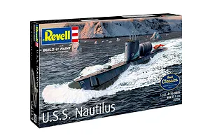 Revell 1/305 scale U.S.S. Nautilus submarine plastic model kit box showing an illustration of the submarine in icy waters.