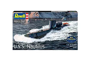 Revell 1/305 scale U.S.S. Nautilus submarine plastic model kit box art showing the submarine in icy waters.