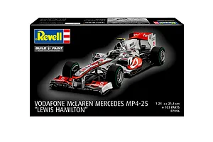 Revell 1/24 scale Vodafone McLaren Mercedes MP4-25 Lewis Hamilton model kit box showing the finished car model.