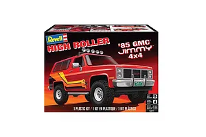 Product box for Revell 1/25 scale '85 GMC Jimmy High Roller plastic model kit featuring a red off-road truck illustration.