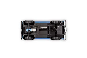 Underside view of a 1/25 scale model 1978 Chevy 4X4 pickup truck showing the chassis, drivetrain, and exhaust system.