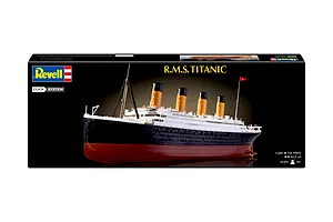 Product packaging for the Revell 1/600 scale R.M.S. Titanic Easy Click plastic model kit, showing a finished model of the ship against a black background.