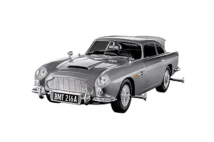 A completed 1/24 scale Revell Aston Martin DB5 model car in silver, featuring the iconic BMT 216A license plate and James Bond gadget details.