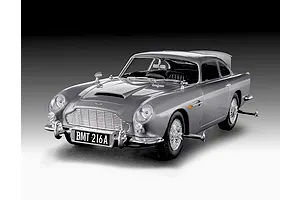 A 1/24 scale model of the silver Aston Martin DB5 from James Bond, featuring the iconic BMT 216A license plate and wheel-mounted tire slashers.