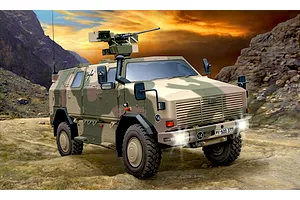 Digital illustration of a Dingo 2 GE A3.3 PatSi military vehicle in a desert landscape at sunset.