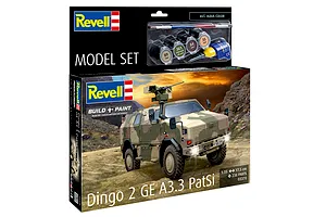 Revell 1/35 scale Dingo 2 GE A3.3 PatSi model kit box showing the finished armoured vehicle on a desert background with included paints and brush.