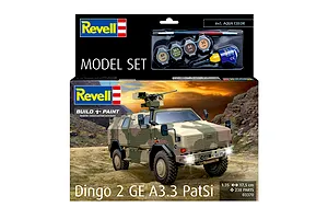 Revell 1/35 scale Dingo 2 GE A3.3 PatSi model kit box showing a camouflaged military vehicle and included paints and glue.