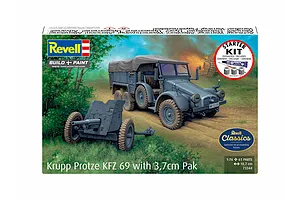 Revell 1/76 scale Krupp Protze KFZ 69 with 3.7cm Pak model kit box art showing a grey military truck and anti-tank gun in a field.