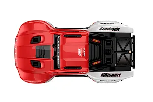 Top-down view of the UDI RC Mini Sierra 4x4 short course truck in red and white, showing the body shell details.