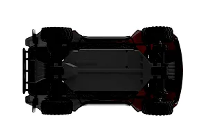 Top-down view of the UDI RC Mini Sierra 4x4 short course truck chassis showing the red body shell, black wheels, and suspension components.