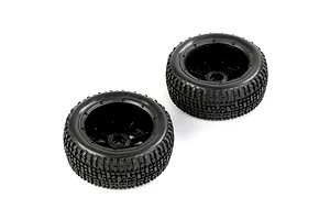 Two Rovan 1/5 scale short course RC truck tyres mounted on black beadlock rims against a white background.