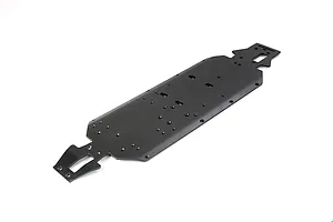 A black Rovan aluminium main chassis plate for an RC vehicle, shown from a high-angle perspective against a white background.