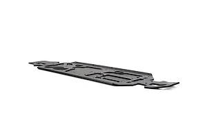 A black Rovan aluminium main chassis plate for an RC vehicle, shown from a low-angle perspective against a white background.